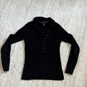 White House Black Market Black Ribbed Polo-Knit Top